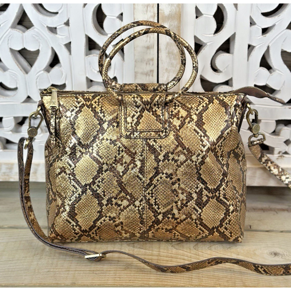 HOBO INTERNATIONAL Sheila Medium Satchel Crossbody Metallic Golden Snake Leather